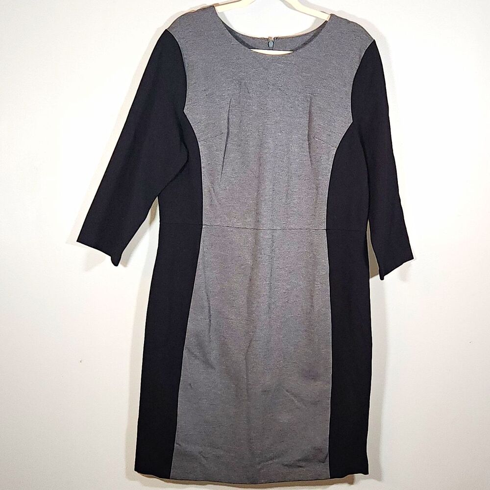 Talbots Colorblock Knit Sheath Dress 16 Gray/Black 3/4 Sleeve Stretch Zip $129